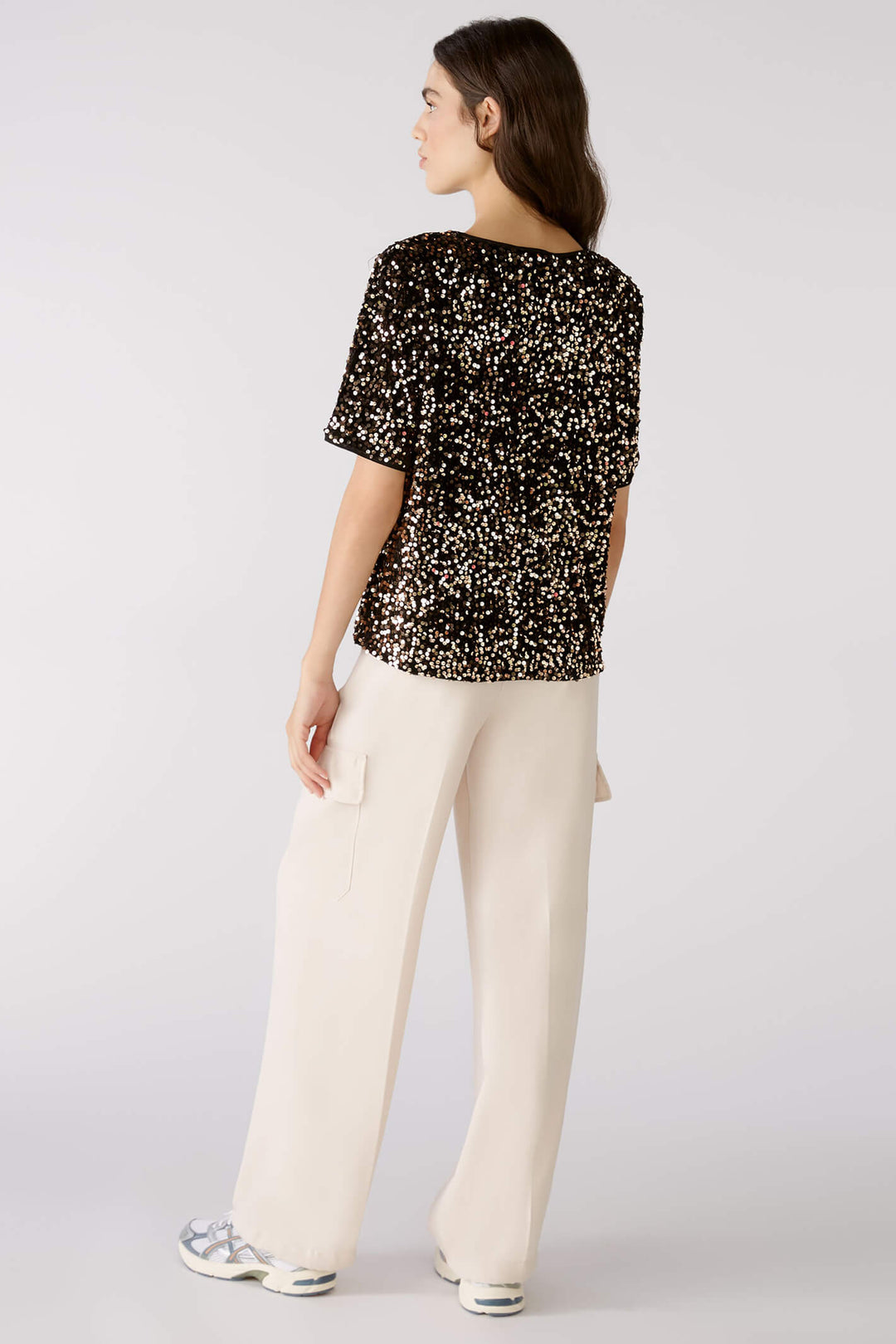 Oui 79491 0769 Black Gold Shirt Sleeve Sequin Top - Shirley Allum