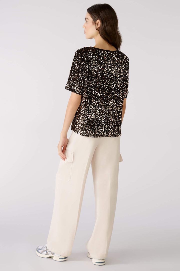 Oui 79491 0769 Black Gold Shirt Sleeve Sequin Top - Shirley Allum