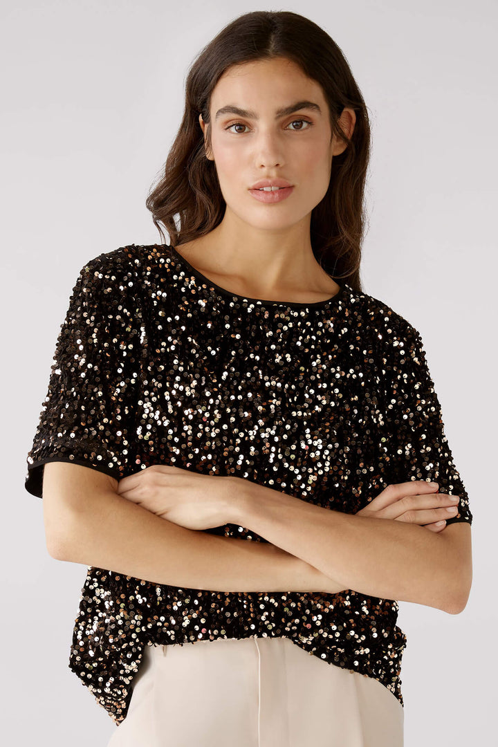 Oui 79491 0769 Black Gold Shirt Sleeve Sequin Top - Shirley Allum