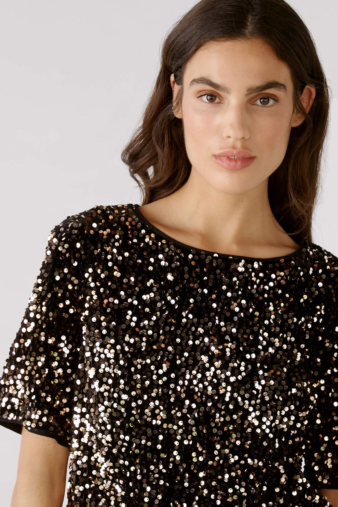 Oui 79491 0769 Black Gold Shirt Sleeve Sequin Top - Shirley Allum