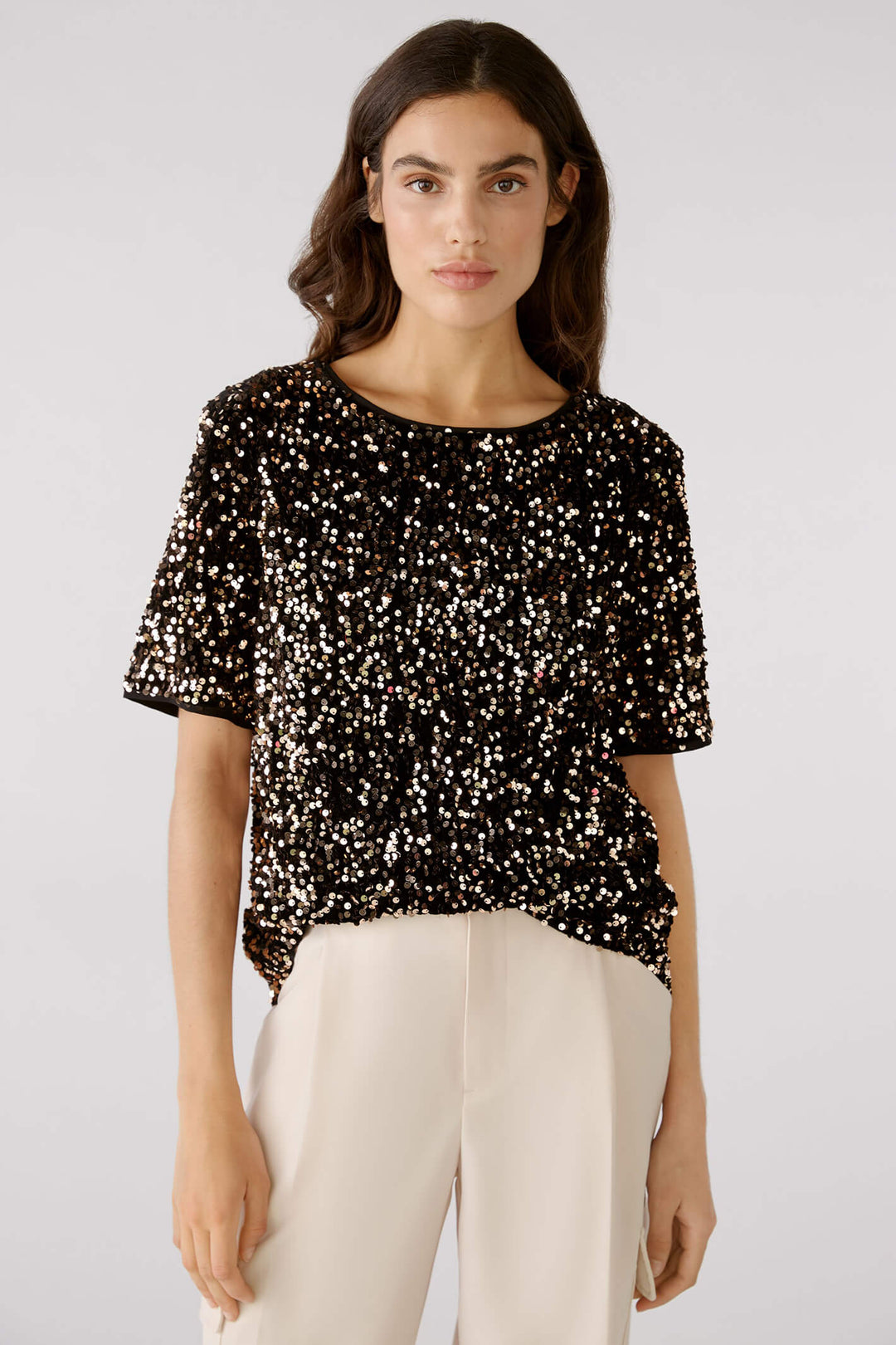 Oui 79491 0769 Black Gold Shirt Sleeve Sequin Top - Shirley Allum