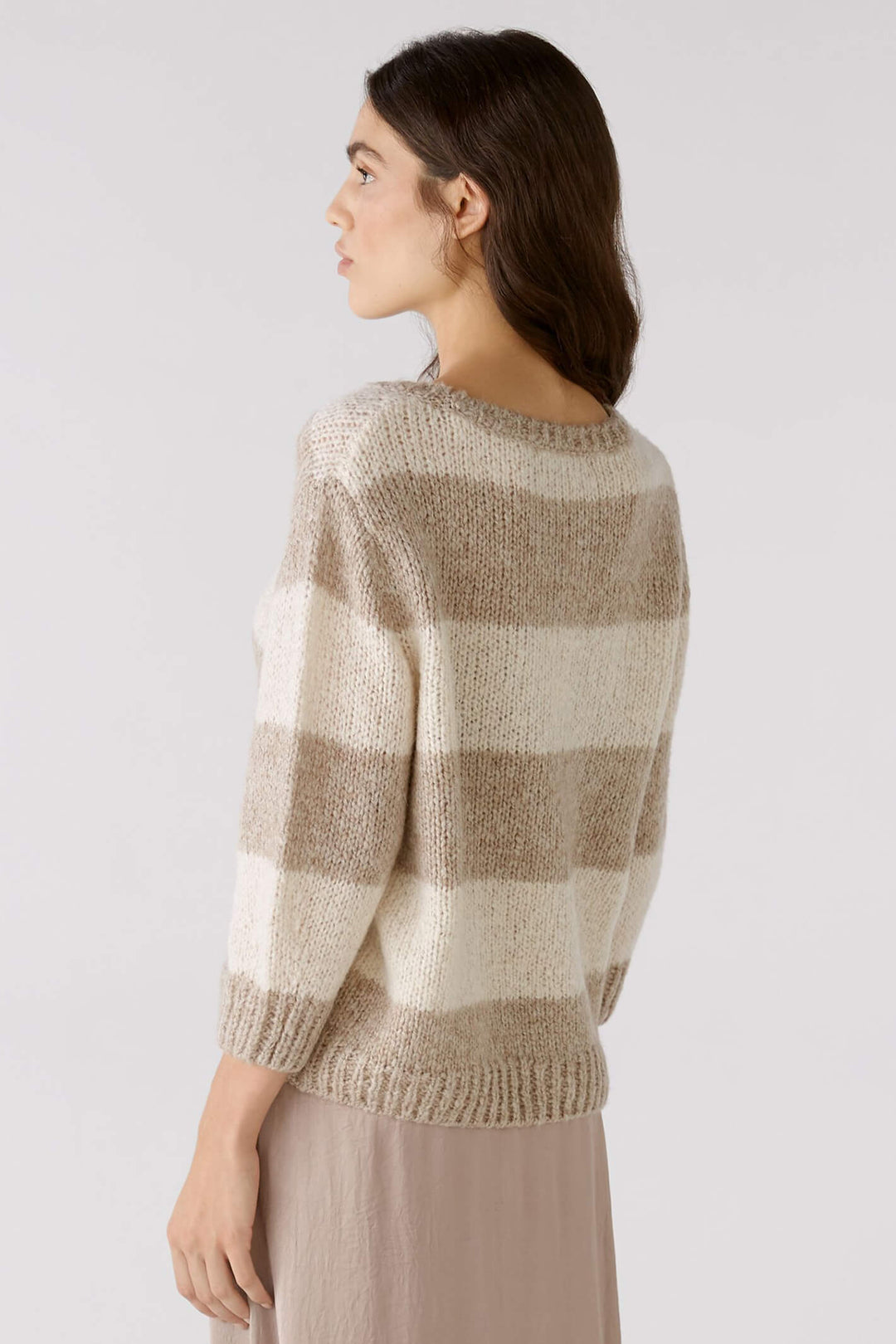Oui 79633 Light Brown Stone Stripe Chunky Knit Round Neck Jumper - Shirley Allum Boutique