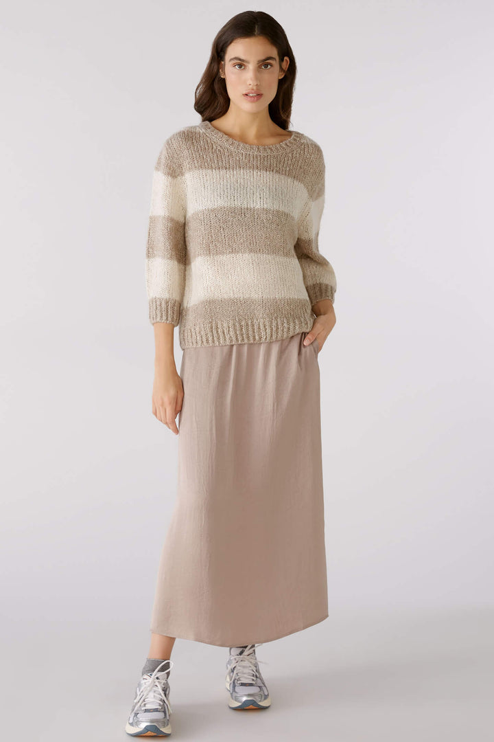 Oui 79633 Light Brown Stone Stripe Chunky Knit Round Neck Jumper - Shirley Allum Boutique