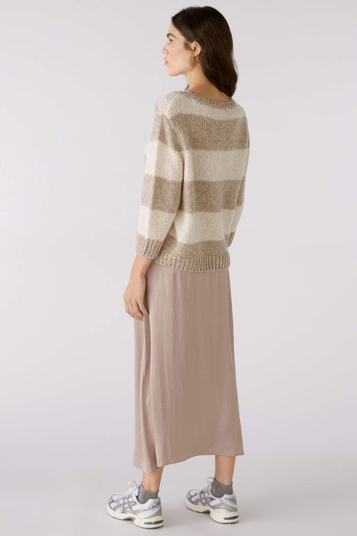 Oui 79633 Light Brown Stone Stripe Chunky Knit Round Neck Jumper - Shirley Allum Boutique