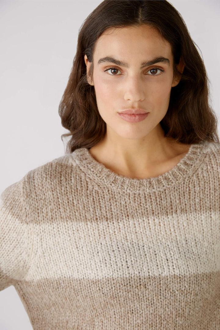 Oui 79633 Light Brown Stone Stripe Chunky Knit Round Neck Jumper - Shirley Allum Boutique