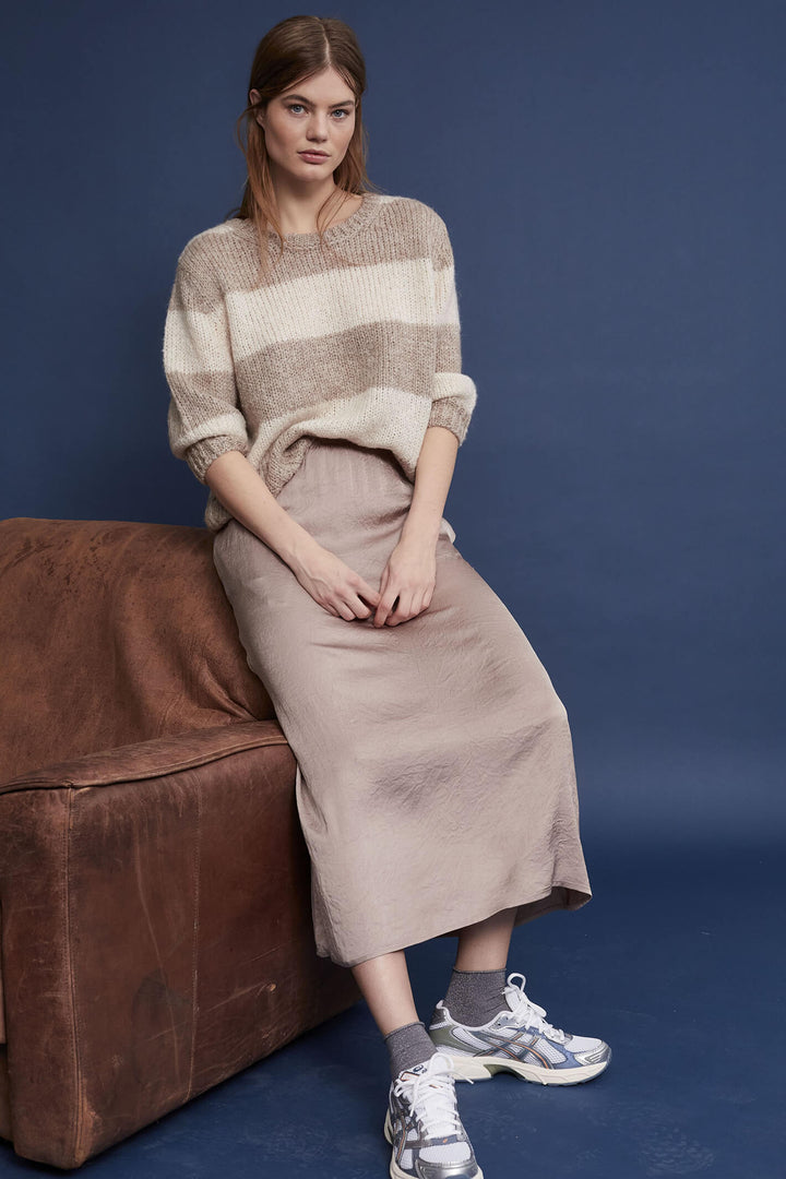 Oui 79633 Light Brown Stone Stripe Chunky Knit Round Neck Jumper - Shirley Allum Boutique