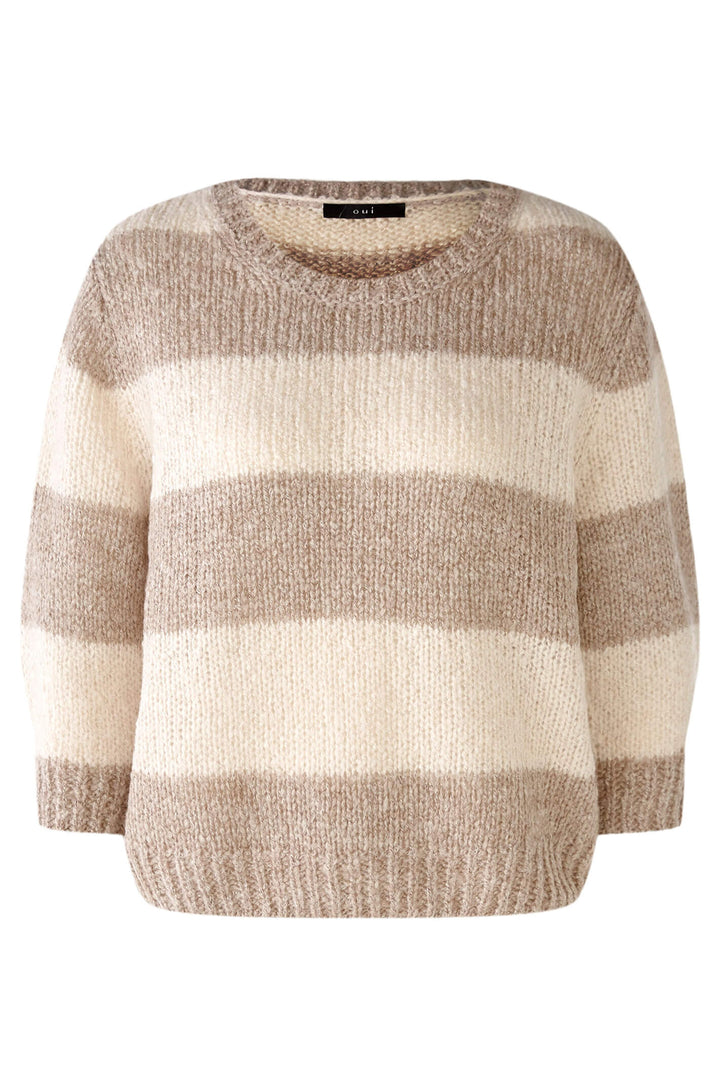Oui 79633 Light Brown Stone Stripe Chunky Knit Round Neck Jumper - Shirley Allum Boutique