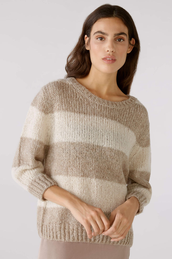 Oui 79633 Light Brown Stone Stripe Chunky Knit Round Neck Jumper - Shirley Allum Boutique