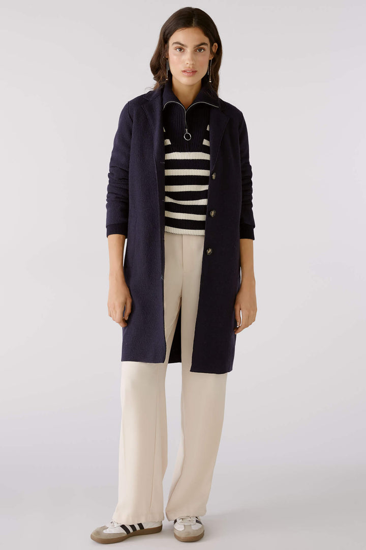 Oui 79918 5742 Mayson Dark Blue Button Front Boiled Wool Coat - Shirley Allum Boutique