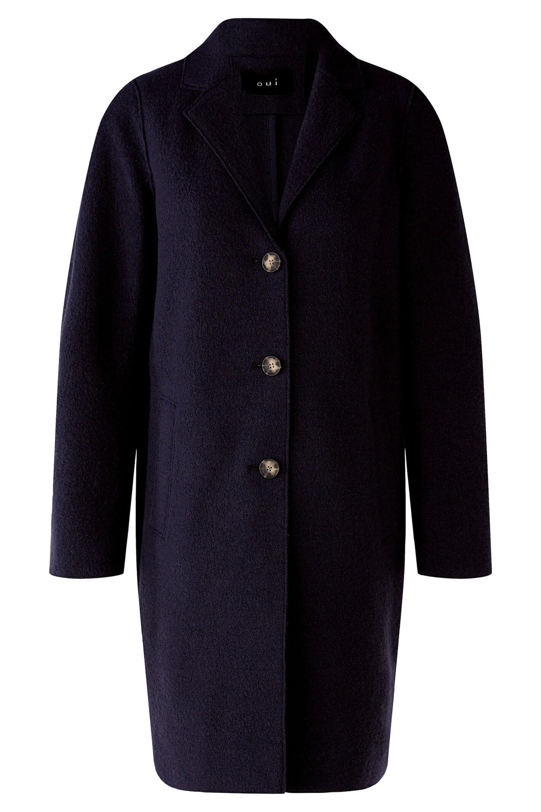 Oui 79918 5742 Mayson Dark Blue Button Front Boiled Wool Coat - Shirley Allum Boutique