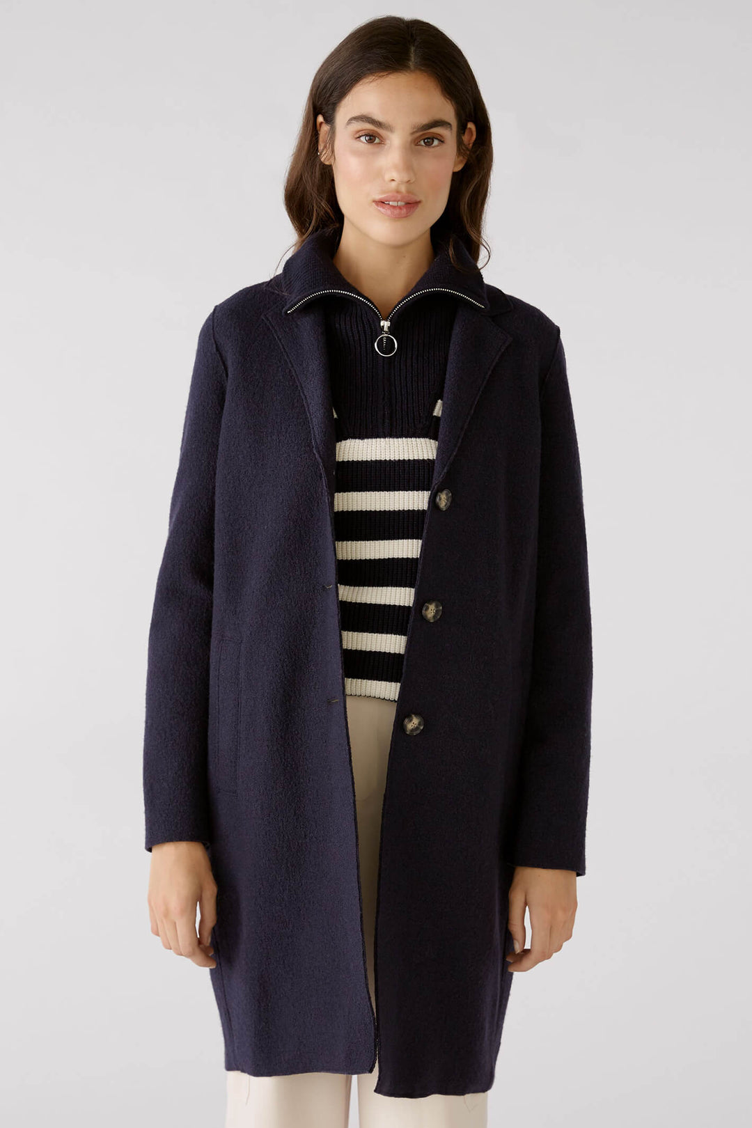 Oui 79918 5742 Mayson Dark Blue Button Front Boiled Wool Coat - Shirley Allum Boutique