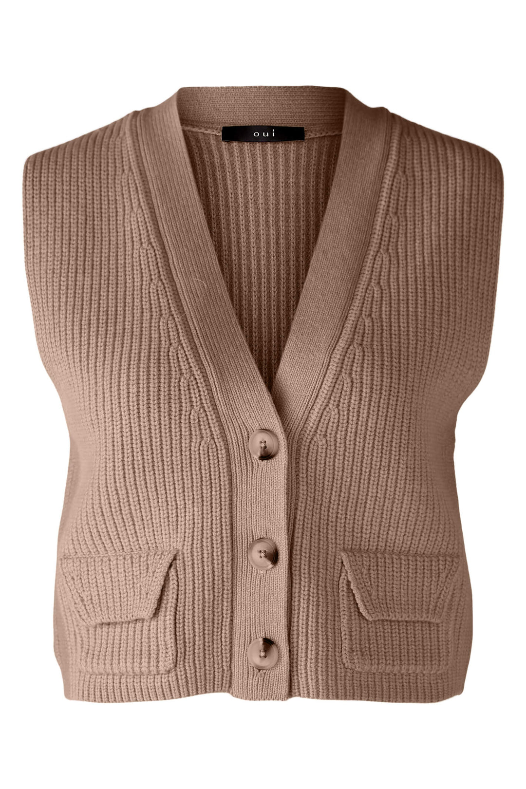 Oui 80082 8101 Taupe Melange Three Button Knitted Waistcoat - Shirley Allum Boutique