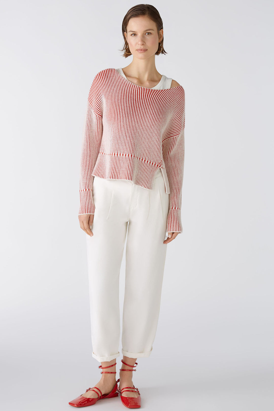 Oui 86626 Red & White Stripe Wide Neck Jumper - Shirley Allum Boutique