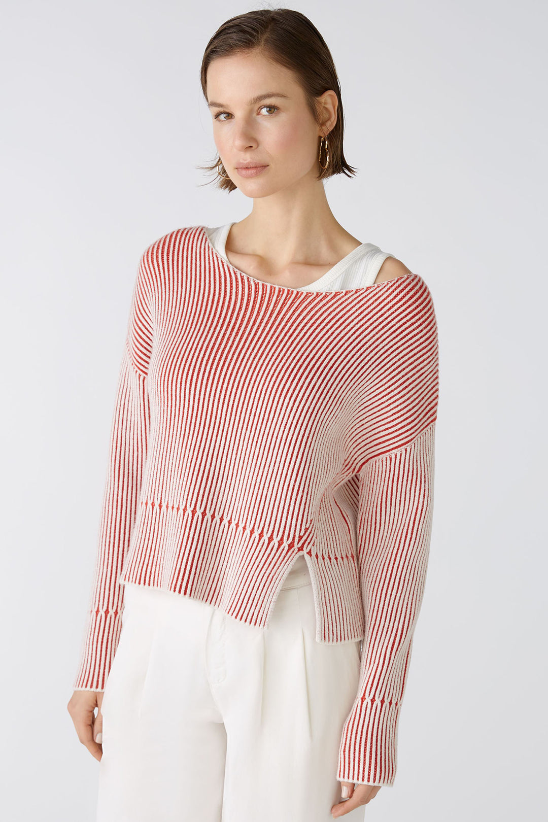 Oui 86626 Red & White Stripe Wide Neck Jumper - Shirley Allum Boutique