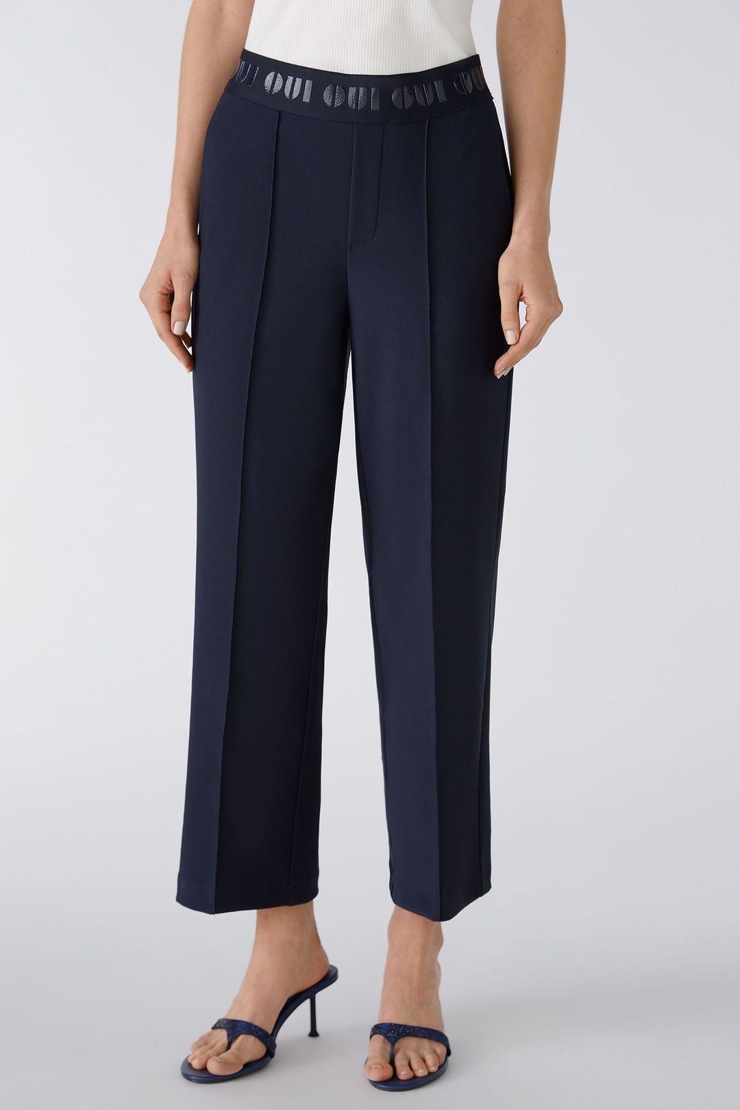 Oui 86917 5742 Dark Blue Pull-On Straight Leg Trousers - Shirley Allum Boutique