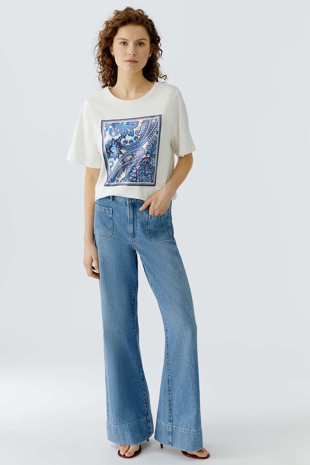 Oui 96414 1006 White Cloud Dancer Blue Paisley Motif T-Shirt