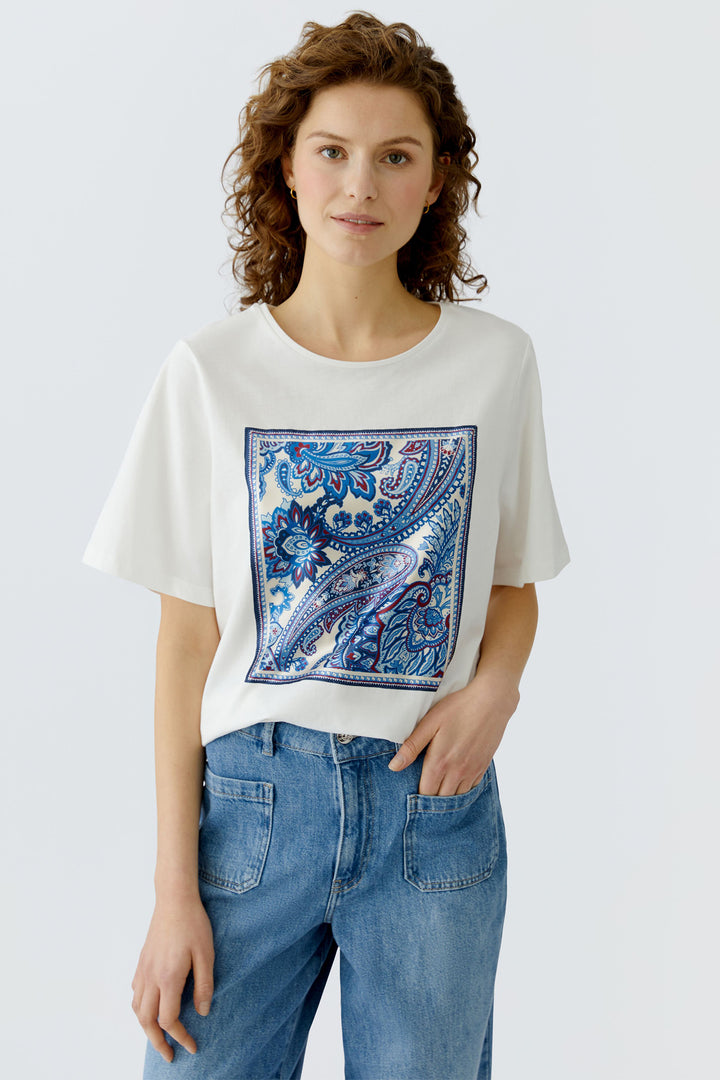 Oui 96414 1006 White Cloud Dancer Blue Paisley Motif T-Shirt