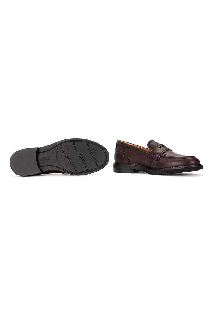 Pikolinos Deva Caoba Brown Leather Penny Loafers W2L-3959, sole and side view