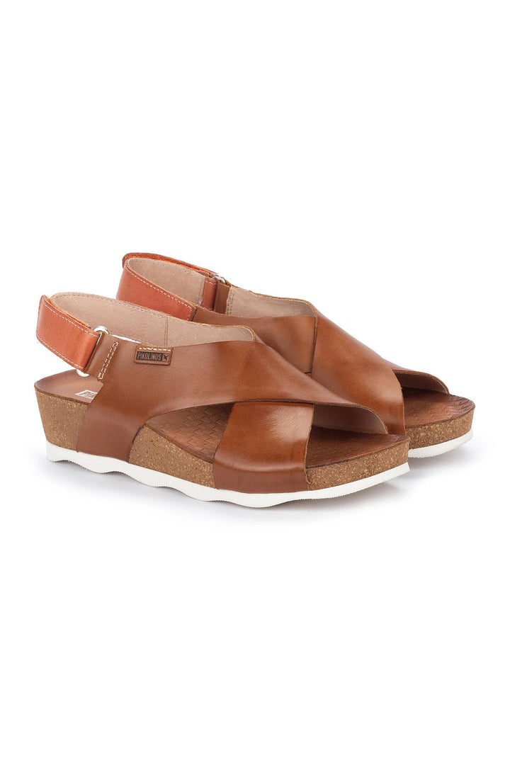 Pikolinos Mahon Brandy Brown Leather Velcro Wedge Sandals W9E-0912
