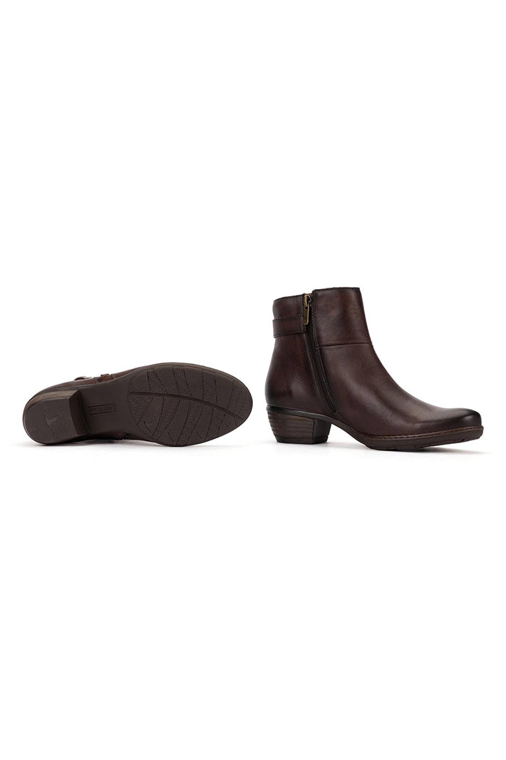 Pikolinos Utiel Caoba Brown Leather Ankle Boots W7P-8501, sole and side view