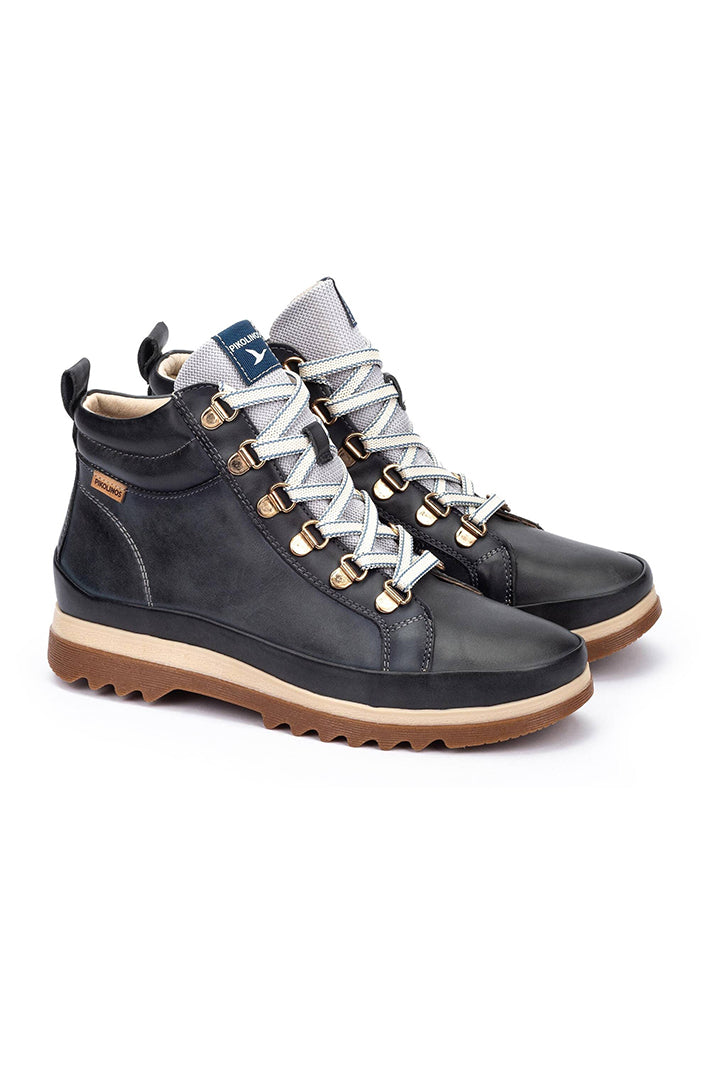 Pikolinos Vigo Ocean Navy Leather Lace-Up Hiker Boots W3W-8564ST, pair, front angle view