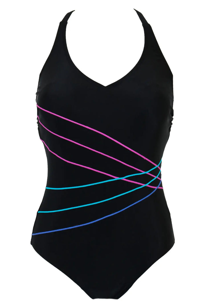 Pour Moi 1424 Black Mix Energy Chlorine Resistant Recycled V-Neck Linear Swimsuit - Shirley Allum Boutique