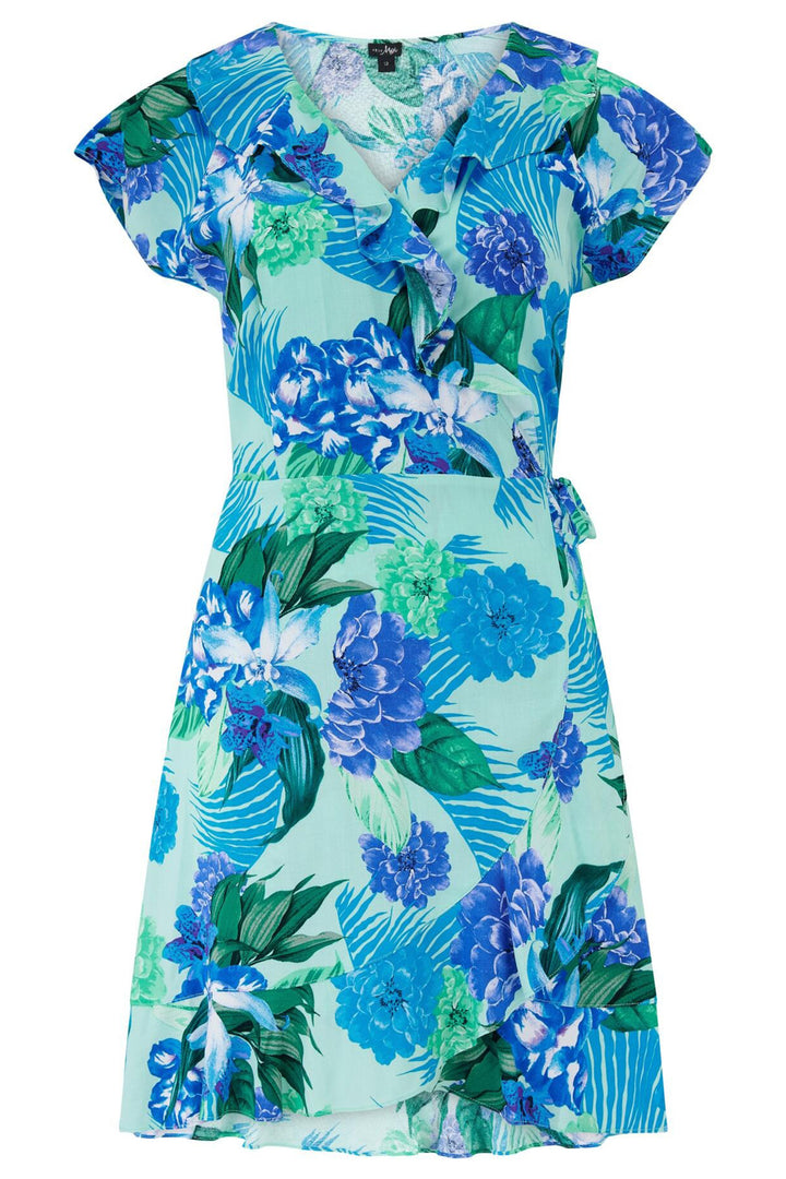 Floral dress with blue and green flowers on a white background