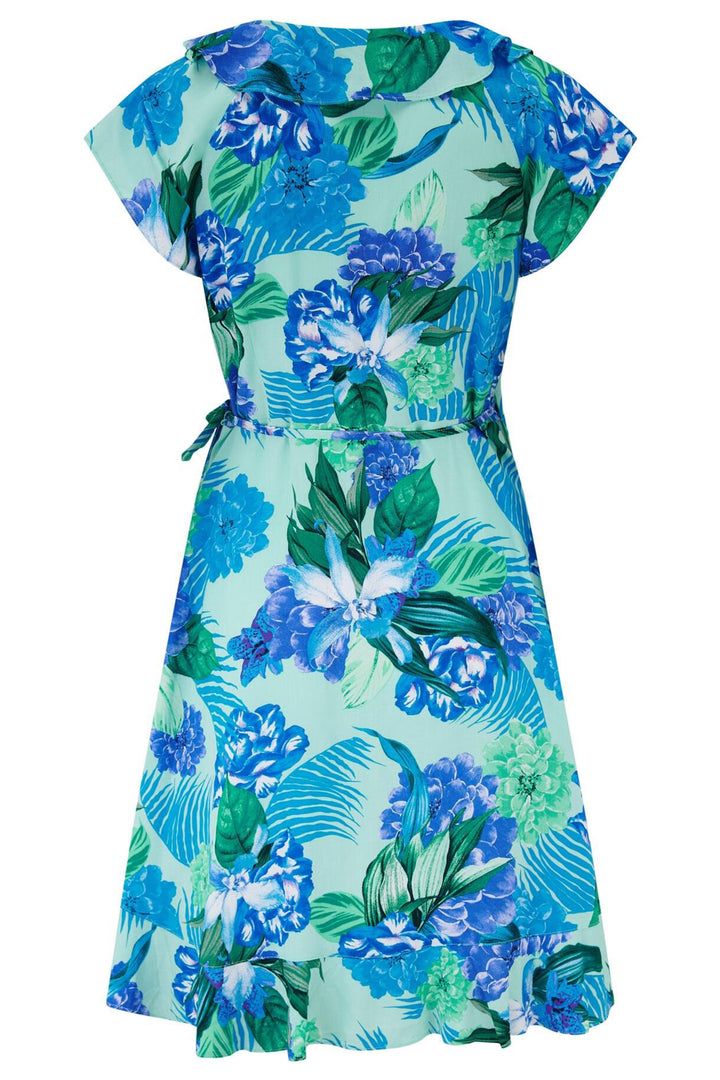 Floral dress with blue and green flowers on a white background