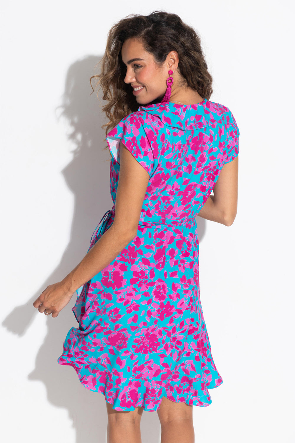 Pour Moi Beach Dress Blue Floral Frill Wrap 91090 620 - Shirley Allum Boutique