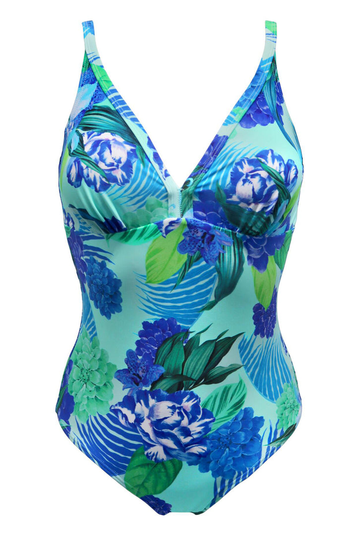 Pour Moi Carnival Swimsuit Aqua Tropical V Neck Control 25614R - Shirley Allum Boutique
