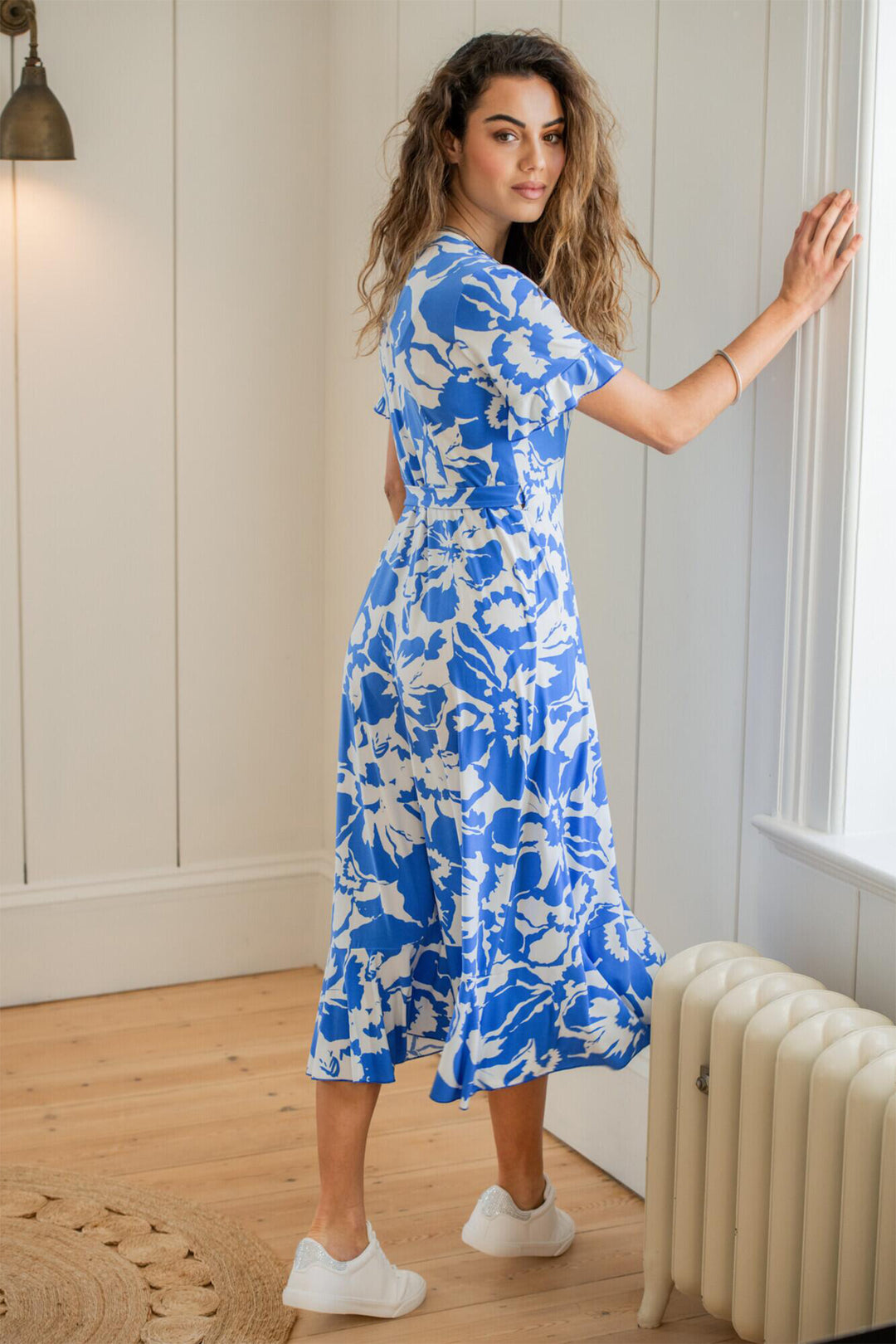 Pour Moi Megan Midi Wrap Dress Slinky Jersey Frill Detail Blue/White 21596 - Shirley Allum Boutique