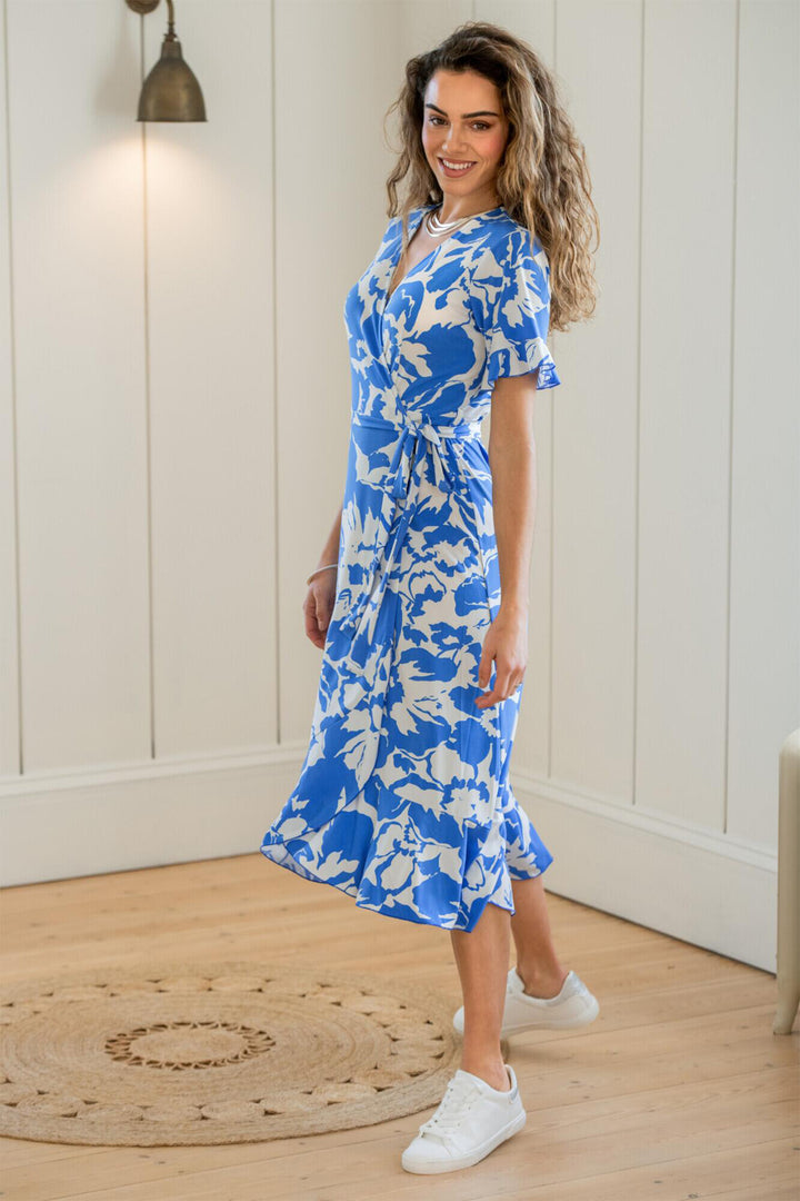 Pour Moi Megan Midi Wrap Dress Slinky Jersey Frill Detail Blue/White 21596 - Shirley Allum Boutique