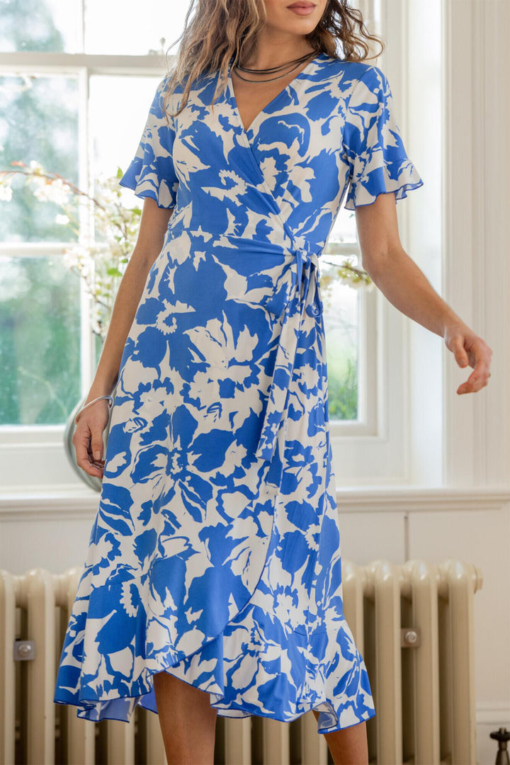 Pour Moi Megan Midi Wrap Dress Slinky Jersey Frill Detail Blue/White 21596 - Shirley Allum Boutique