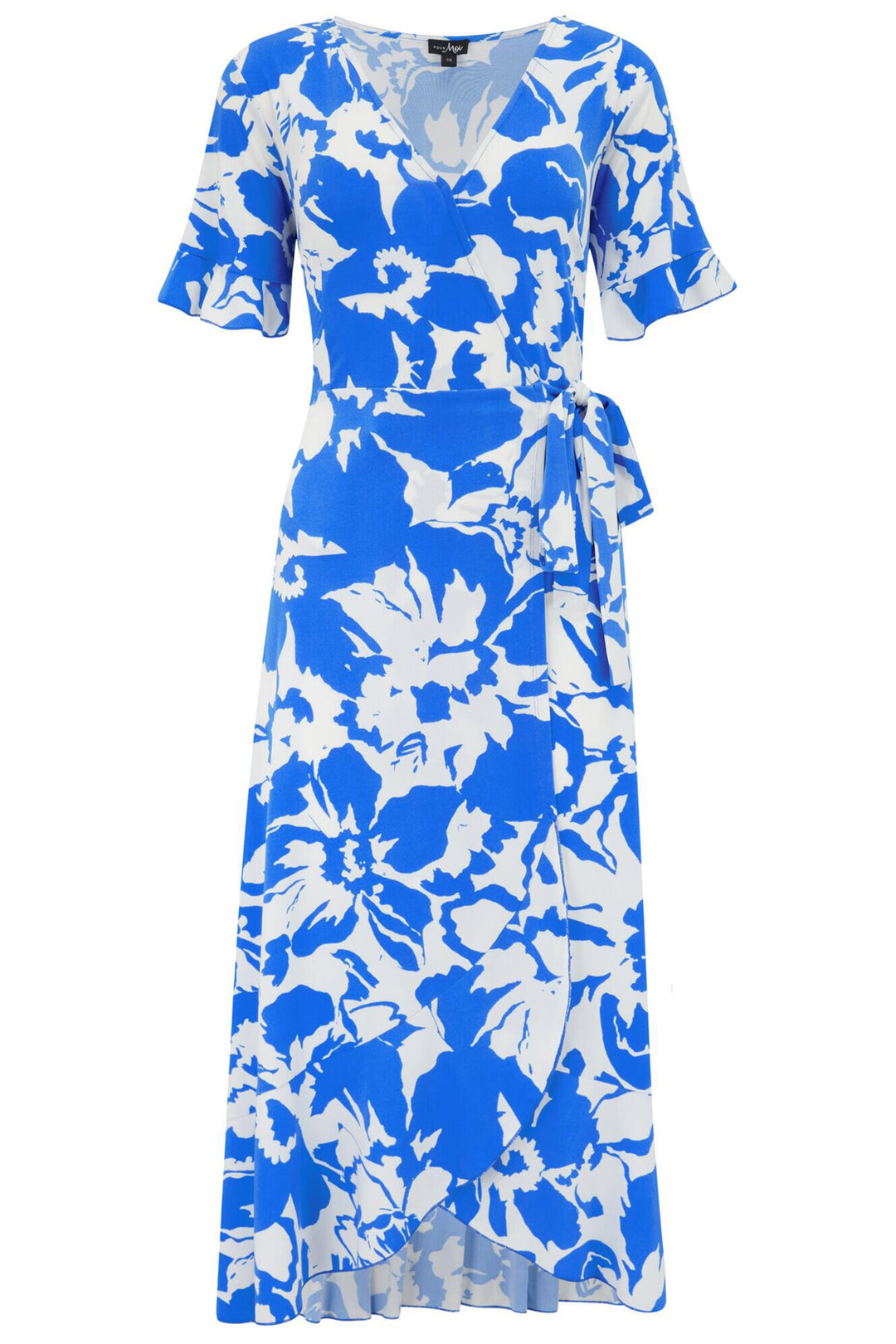 Pour Moi Megan Midi Wrap Dress Slinky Jersey Frill Detail Blue/White 21596 - Shirley Allum Boutique