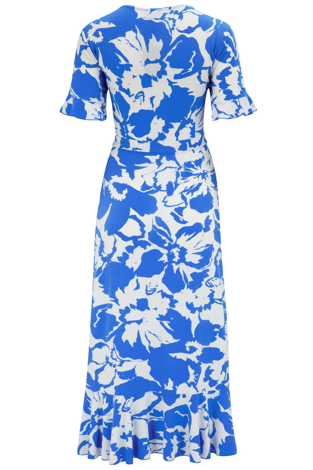 Pour Moi Megan Midi Wrap Dress Slinky Jersey Frill Detail Blue/White 21596 - Shirley Allum Boutique