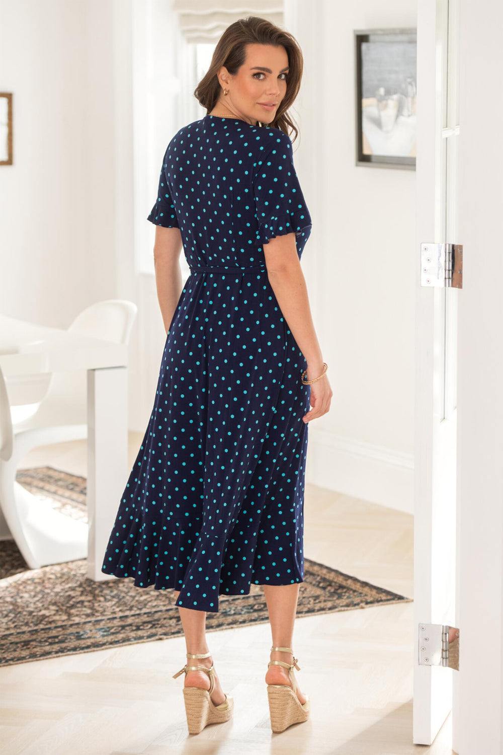 Pour Moi Megan Midi Wrap Dress Slinky Jersey Frill Detail NavyAqua 21596 - Shirley Allum Boutique