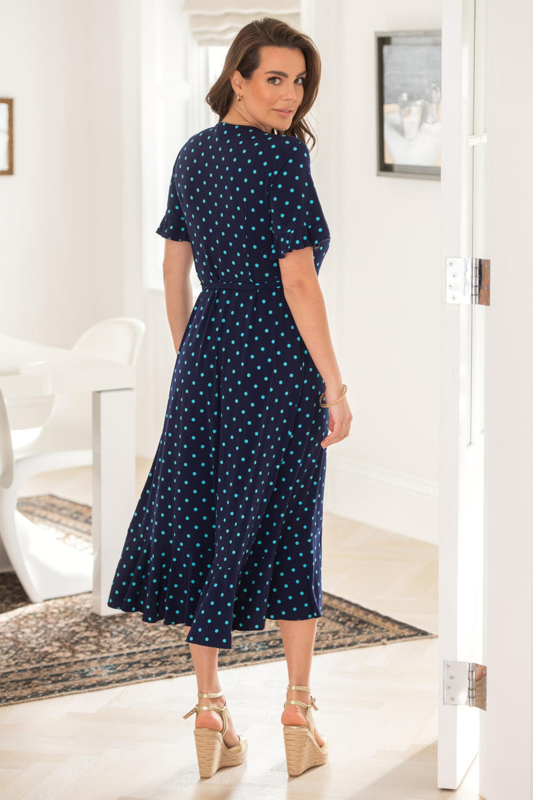 Pour Moi Megan Midi Wrap Dress Slinky Jersey Frill Detail NavyAqua 21596 - Shirley Allum Boutique