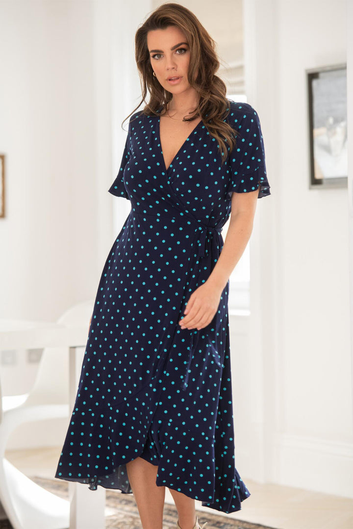 Pour Moi Megan Midi Wrap Dress Slinky Jersey Frill Detail NavyAqua 21596 - Shirley Allum Boutique