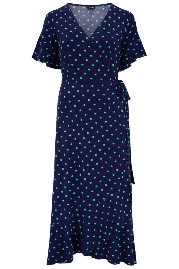 Pour Moi Megan Midi Wrap Dress Slinky Jersey Frill Detail NavyAqua 21596 - Shirley Allum Boutique