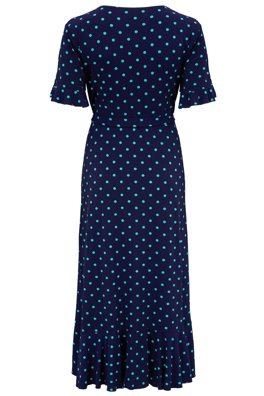 Pour Moi Megan Midi Wrap Dress Slinky Jersey Frill Detail NavyAqua 21596 - Shirley Allum Boutique