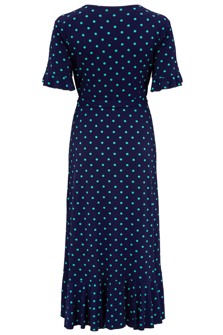 Pour Moi Megan Midi Wrap Dress Slinky Jersey Frill Detail NavyAqua 21596 - Shirley Allum Boutique