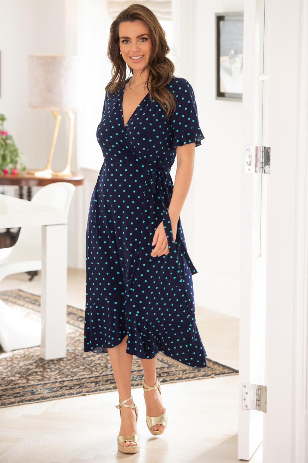 Pour Moi Megan Midi Wrap Dress Slinky Jersey Frill Detail NavyAqua 21596 - Shirley Allum Boutique