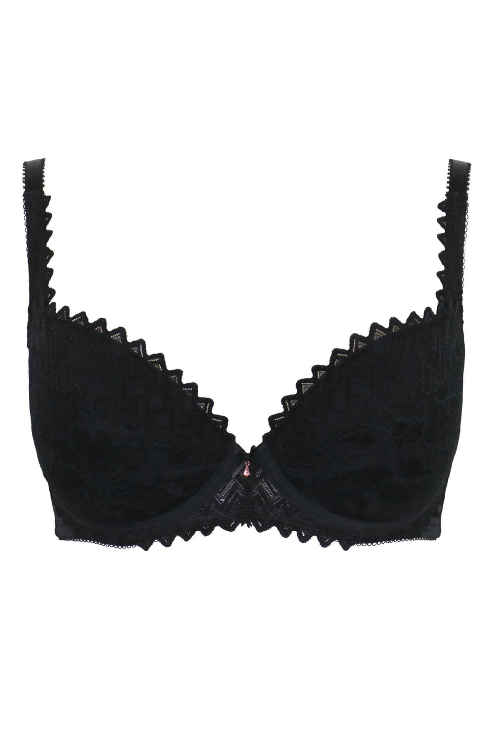 Black bra with lace details on a white background
