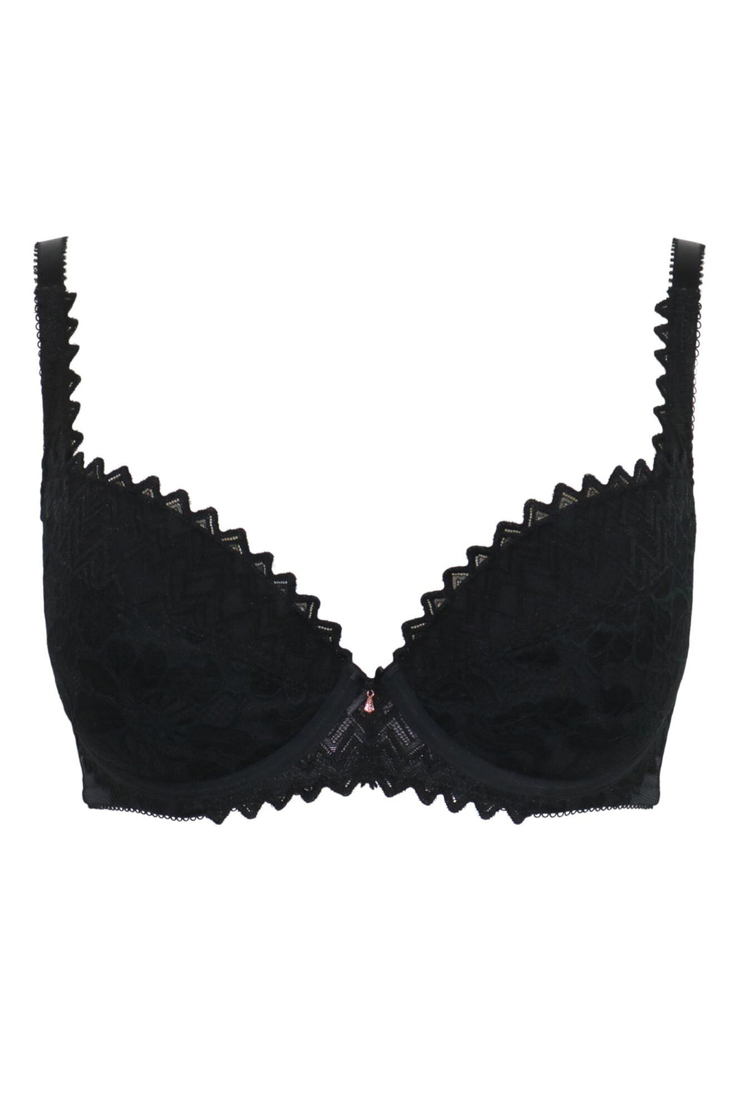 Black bra with lace details on a white background