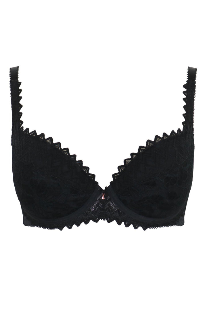 Black bra with lace details on a white background