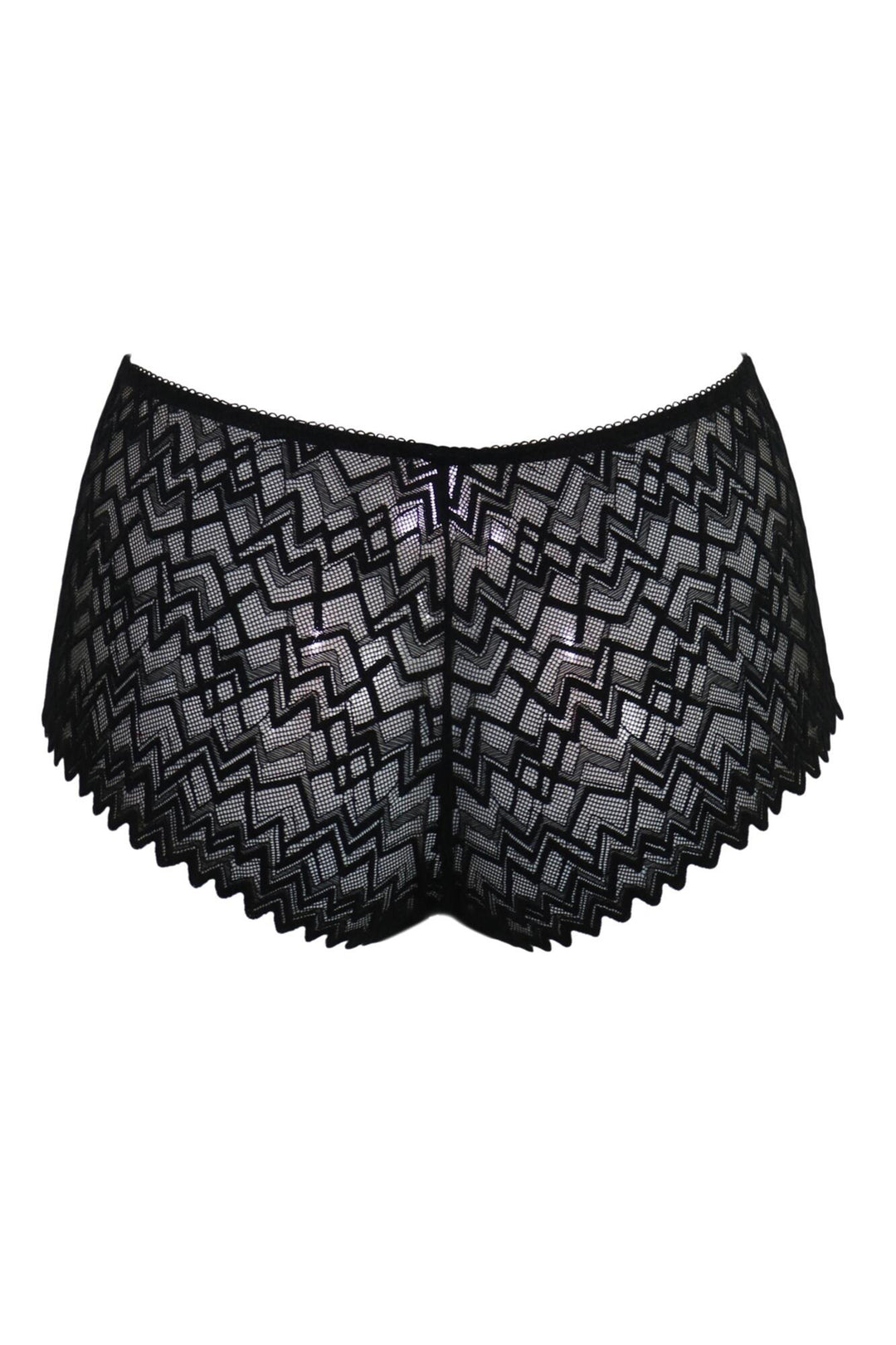 Black mesh shorts with geometric pattern on a white background