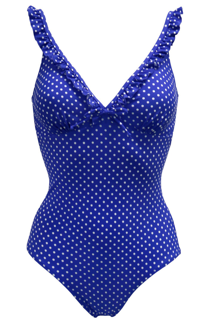 Pour Moi Sicily Swimsuit Blue/White Frill Tummy Control 26509R 170 - Shirley Allum Boutique