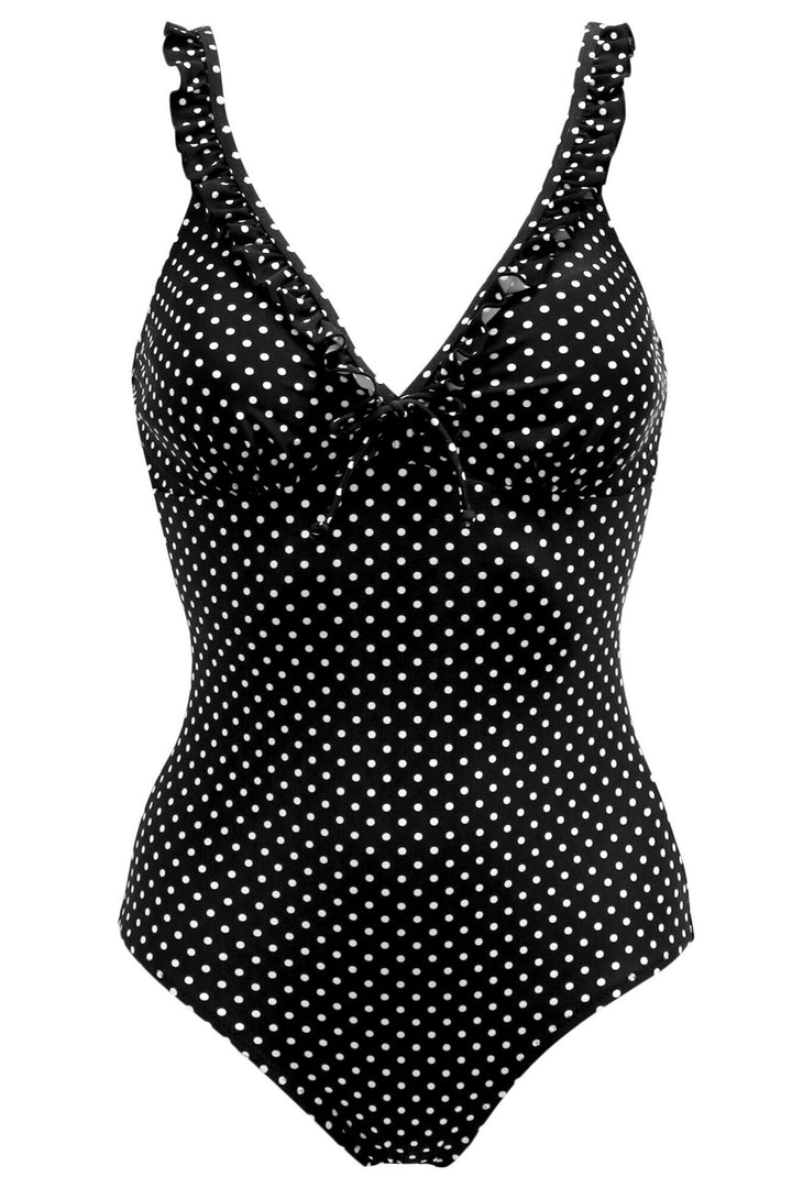 Pour Moi Sicily Swimsuit Frill Tummy Control Black White 26509R 151 - Shirley Allum Boutique