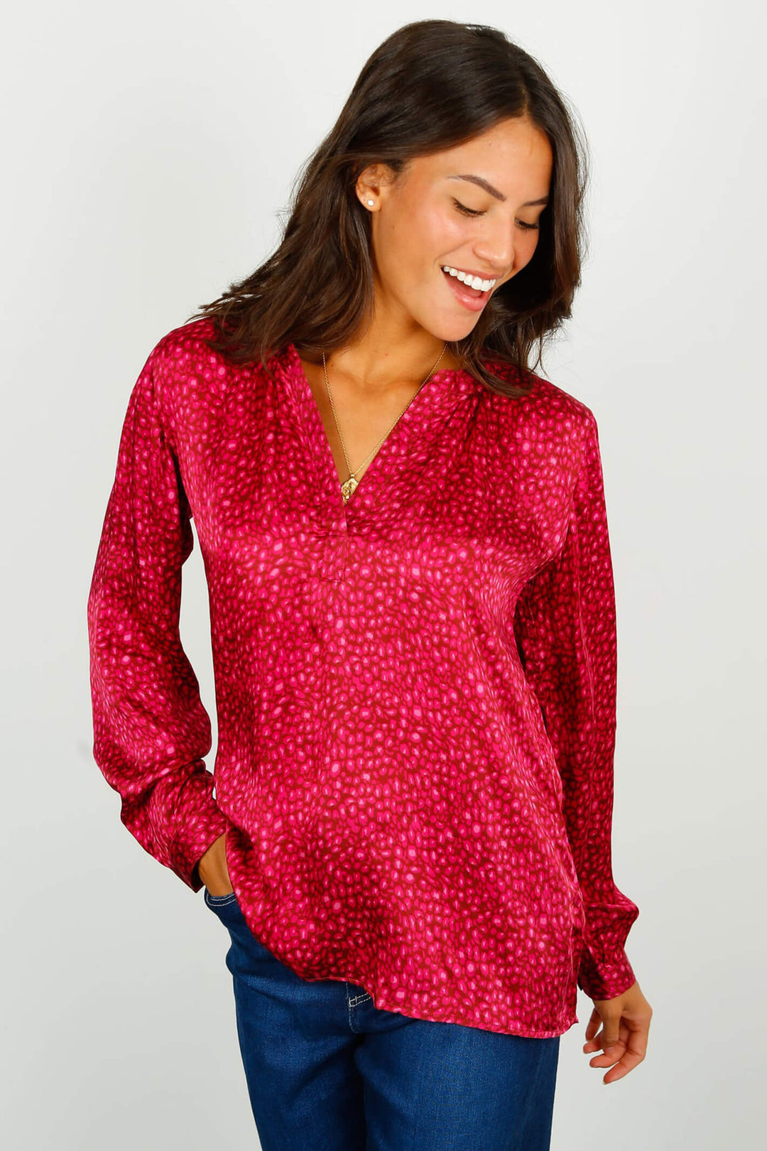 Primrose Park Sandy Leo 04 Pink Print Split Neck Shirt - Shirley Allum Boutique