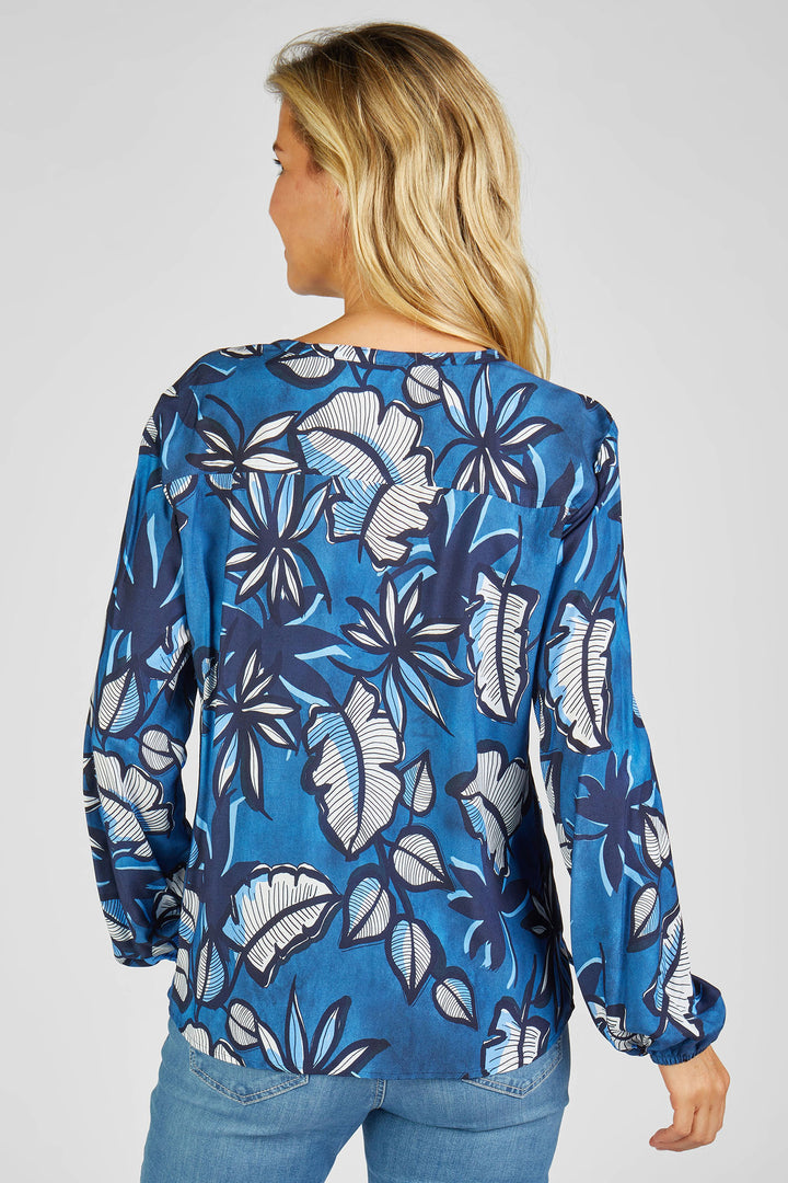 Rabe 52-211100 2377 Blue Floral Print Split Neck Top - Shirley Allum Boutique